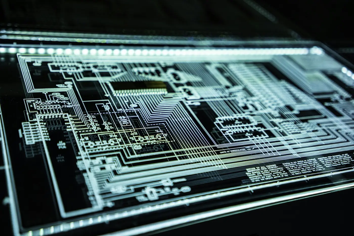 Glowing blue circuit board patterns on a dark interactive display